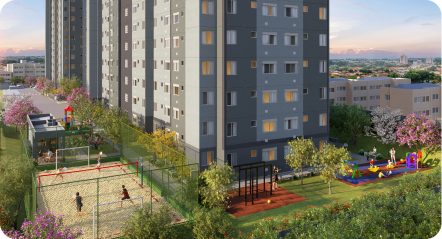 Visão panorâmica do Elevato Bonsucesso mostrando áreas de lazer, playground e quadras esportivas, ideal para famílias que valorizam espaços ao ar livre e segurança.