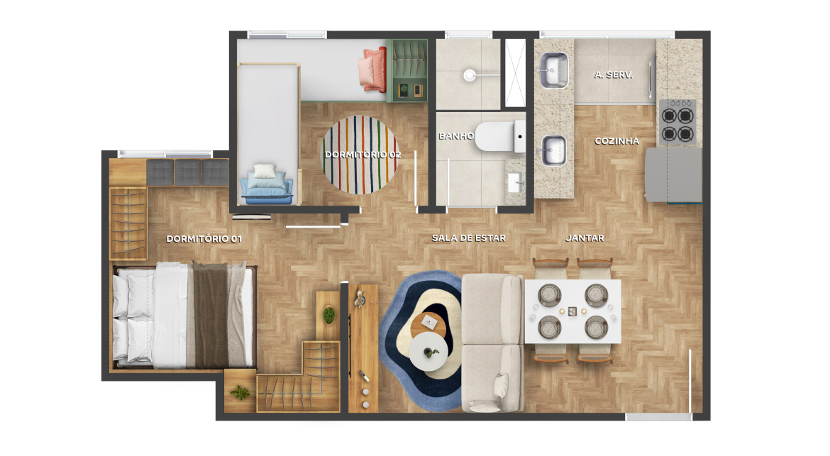 Planta padrão dos apartamentos do empreendimento Elevato Bonsucesso da Construtora Tenda, com 2 quartos, banheiro, sala de estar e sala de jantar, cozinha e área de serviço.