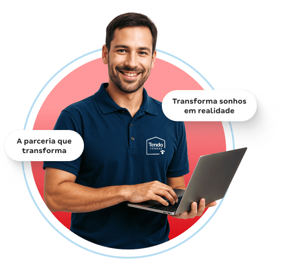 Corretor autônomo utilizando notebook, representando o suporte do programa Tenda Vendas, com frases de incentivo como “a parceria que transforma” e “transforma sonhos em realidade.
