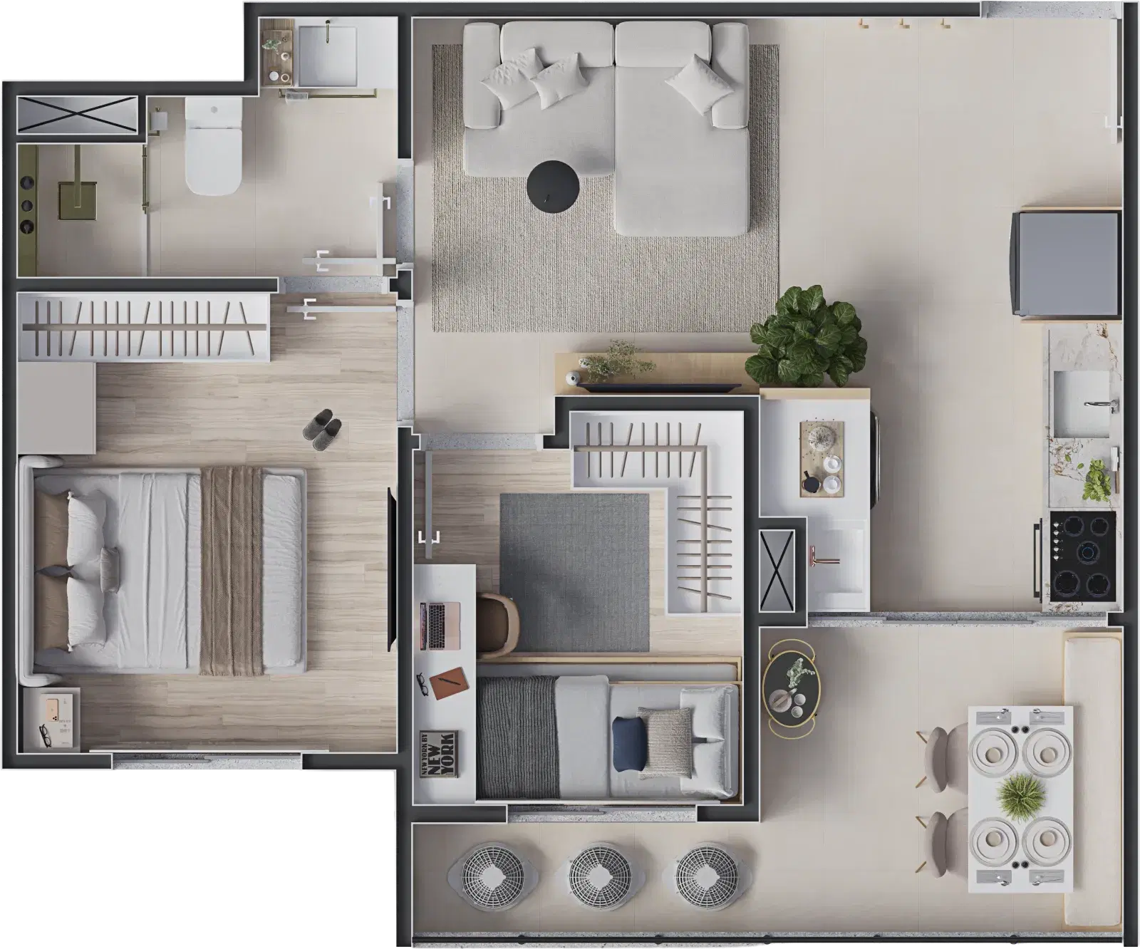 Planta ilustrativa do apartamento de 2 quartos com varanda