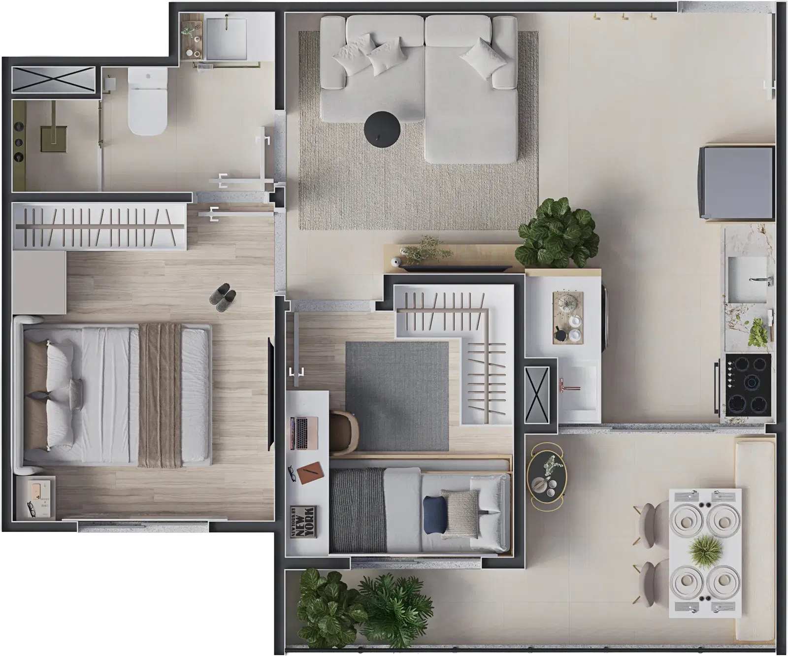 Planta ilustrativa do apartamento de 2 quartos com varanda