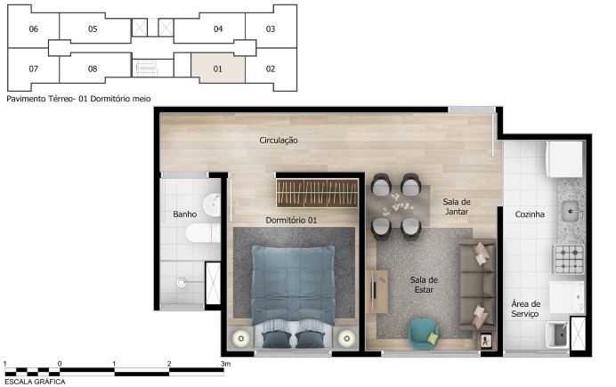 Planta 1 quarto meio | Apartamento Minha Casa Minha Vida | Tenda.com