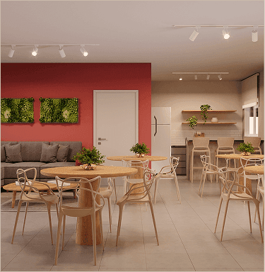 Salão de festas com coworking