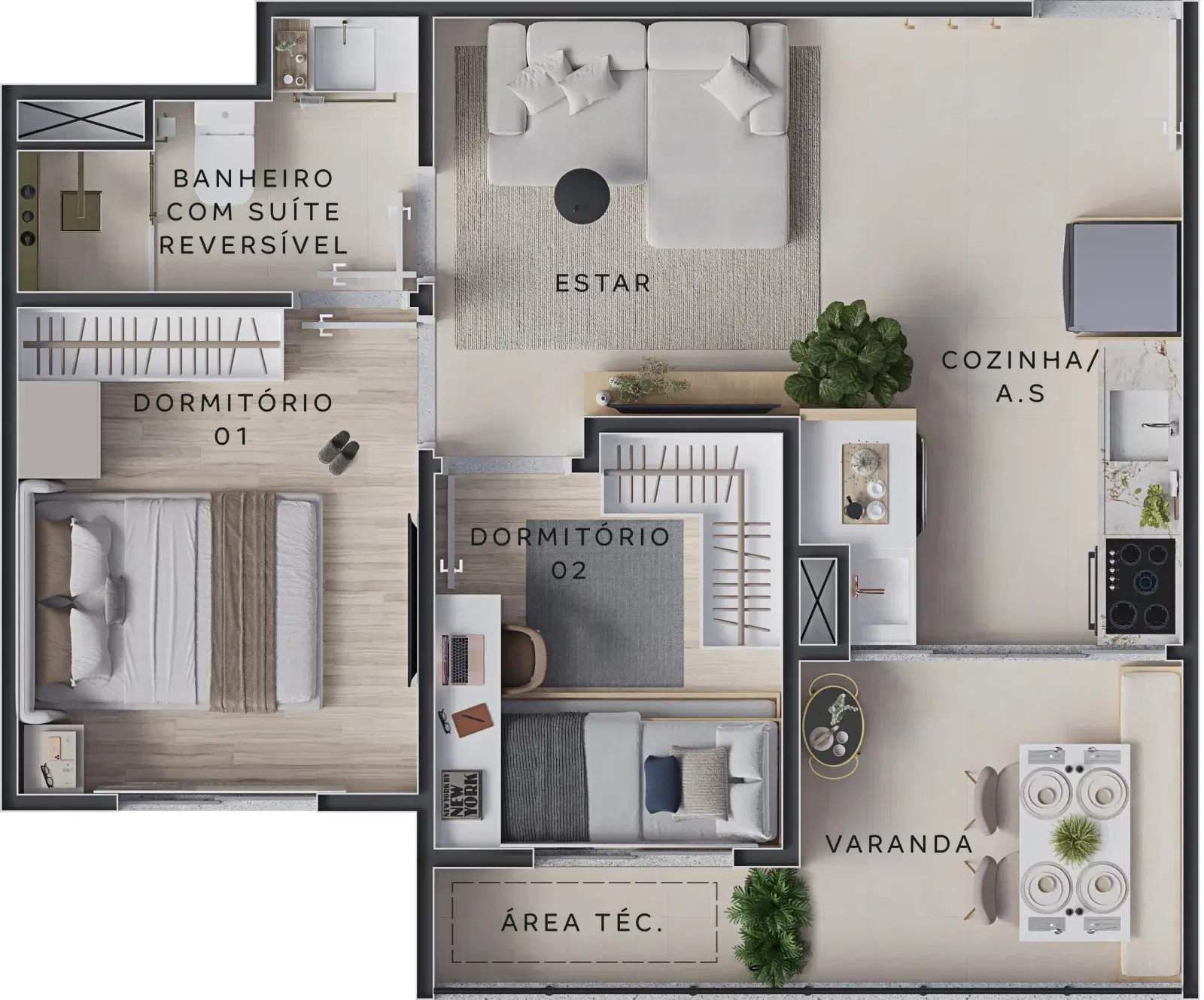Planta ilustrativa do apartamento de 2 quartos com varanda