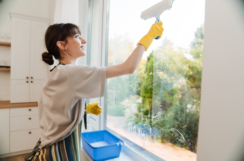 Defina uma frequência para a limpeza de casa  | Mulher limpando tapete da sala com aspirador amarelo, usando avental e luvas amarelas | Casa e Decoração | Blog da Tenda