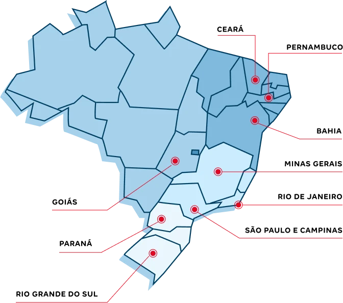 Ilustração do mapa do Brasil e regionais onde a Tenda atua | Tenda Consórcio Imobiliário | Tenda.com