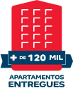Ilustração de prédio vermelho com texto “+ de 180 mil apartamentos entregues pela Construtora Tenda”