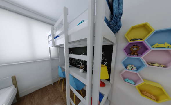 Foto de um quarto infantil com cama suspensa e nichos na parede | Apartamento Minha Casa Minha Vida | Tenda.com