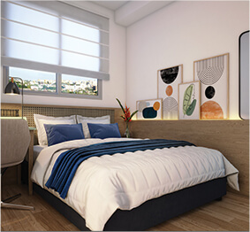 Quarto com piso de madeira, cama e escrivaninha | Apartamento Minha Casa Minha Vida | Tenda.com