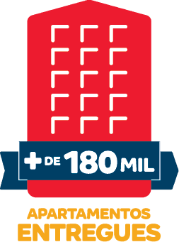 Ilustração de prédio vermelho com texto “+ de 180 mil apartamentos entregues pela Construtora Tenda”